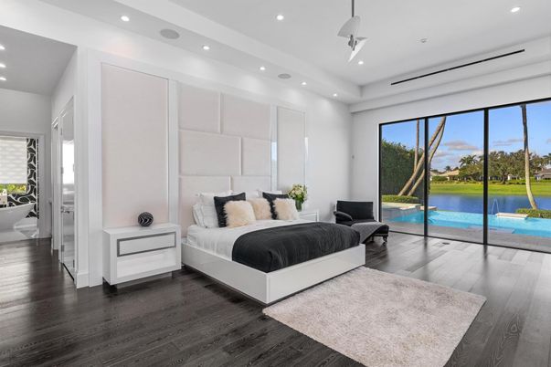 Bedroom, Interior, Recessed Lighting, Water, Wood Texture Flooring