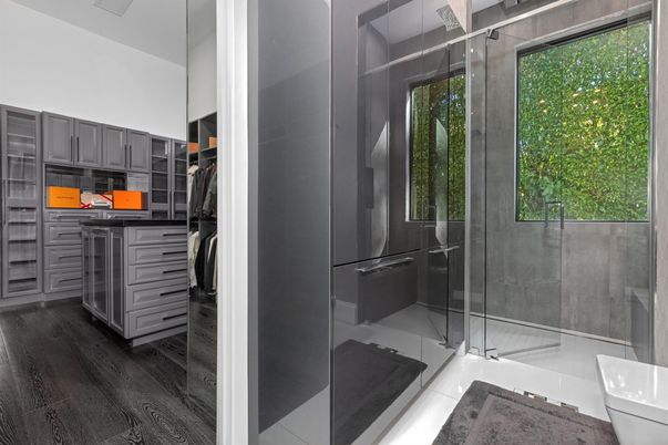 Bathroom, Glass Shower, Interior, Walk-in Closets, Wood Texture Flooring