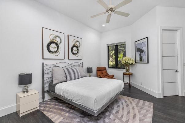Bedroom, Interior, Recessed Lighting, Wood Texture Flooring