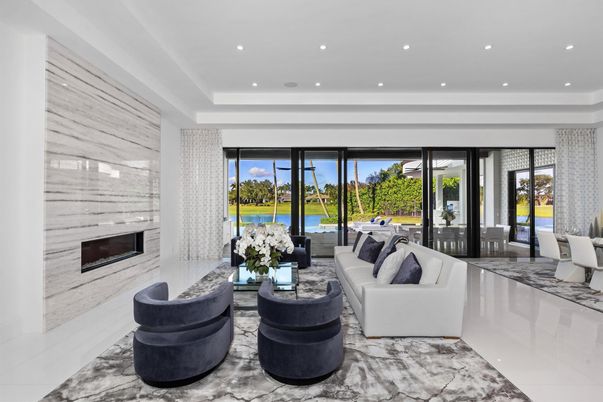 Fireplace, Interior, Living room, Marble, Recessed Lighting, Water