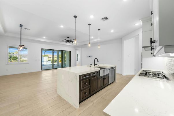 Interior, Kitchen, Pendant Lights, Recessed Lighting, Wood Texture Flooring