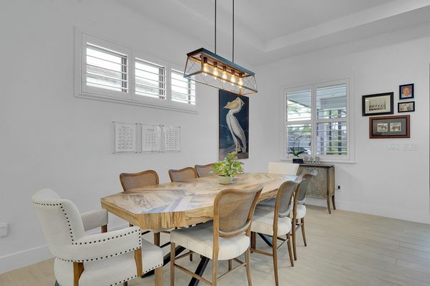 Dining room, Interior, Pendant Lights, Wood Texture Flooring