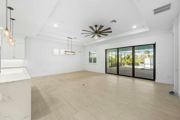 Empty room, Interior, Pendant Lights, Recessed Lighting, Wood Texture Flooring