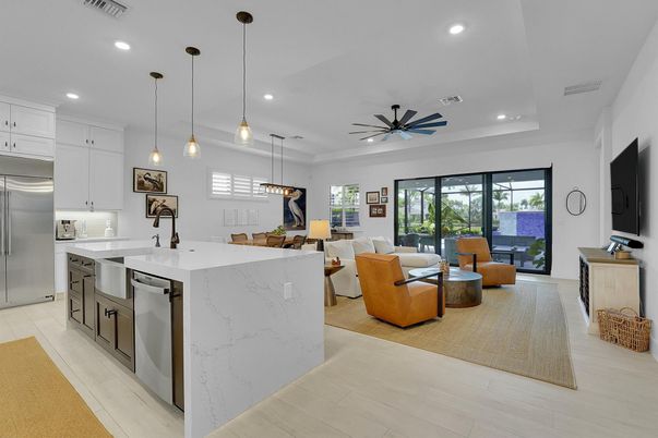Dining room, Interior, Kitchen, Living room, Pendant Lights, Recessed Lighting, Stainless Steel Appliances, Wood Texture Flooring