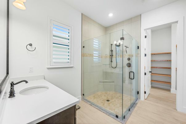 Bathroom, Glass Shower, Interior, Recessed Lighting, Wood Texture Flooring