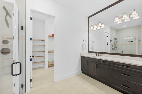 Bathroom, Dual Sink Vanities, Glass Shower, Interior, Wood Texture Flooring