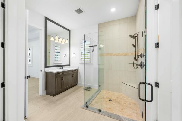 Bathroom, Glass Shower, Interior, Recessed Lighting, Wood Texture Flooring
