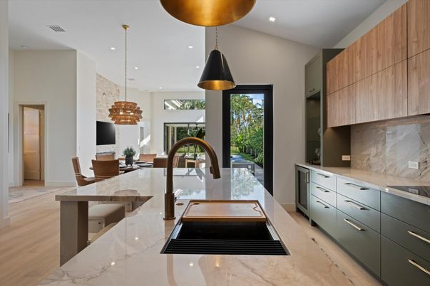 Dining room, Interior, Kitchen, Pendant Lights, Recessed Lighting, Wood Texture Flooring