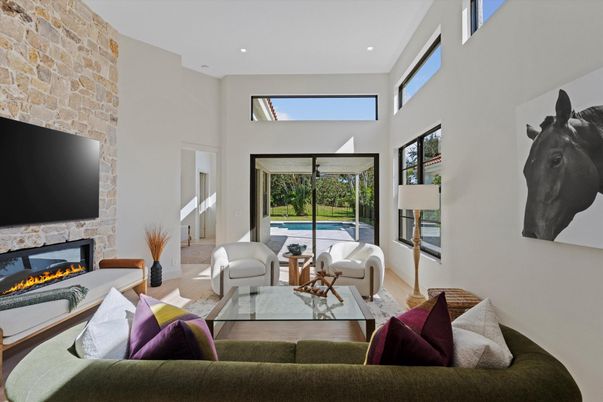 Fireplace, Interior, Living room, Recessed Lighting, Stone Walls