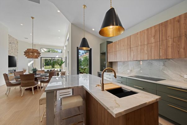 Dining room, Interior, Kitchen, Pendant Lights, Recessed Lighting, Wood Texture Flooring