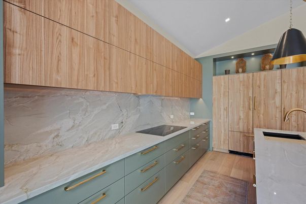 Interior, Kitchen, Marble Walls, Pendant Lights, Recessed Lighting, Wood Texture Flooring