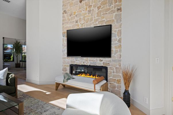 Fireplace, Interior, Living room, Stone Walls, Wood Texture Flooring