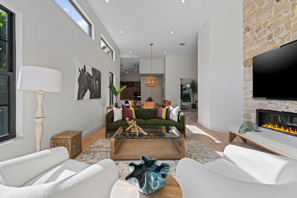 Fireplace, Interior, Kitchen, Living room, Pendant Lights, Recessed Lighting, Stone Walls, Wood Texture Flooring