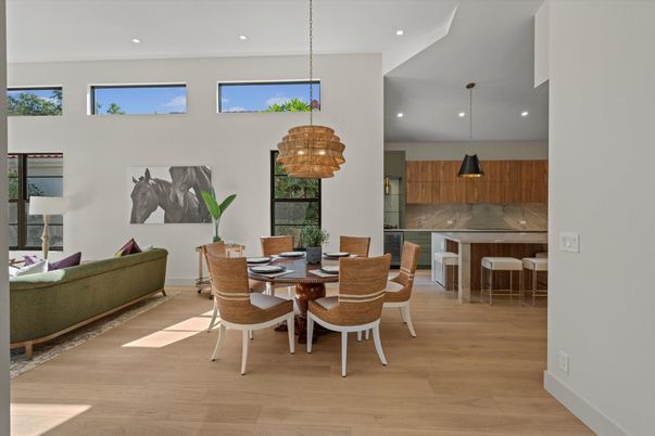 Dining room, Interior, Kitchen, Living room, Pendant Lights, Recessed Lighting, Wood Texture Flooring