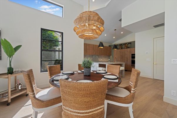 Dining room, Interior, Kitchen, Pendant Lights, Recessed Lighting, Wood Texture Flooring