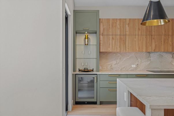 Interior, Kitchen, Marble Walls, Wood Texture Flooring