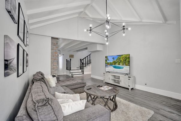 Interior, Living room, Pendant Lights, Stone Walls, Wood Texture Flooring