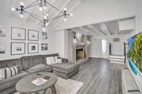 Fireplace, Interior, Living room, Pendant Lights, Stone Walls, Wood Texture Flooring