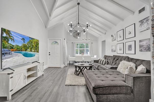 Dining room, Interior, Living room, Pendant Lights, Wood Texture Flooring