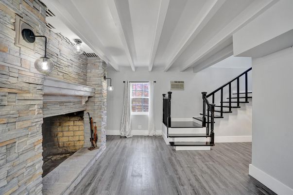 Fireplace, Interior, Pendant Lights, Stone Walls, Wood Texture Flooring