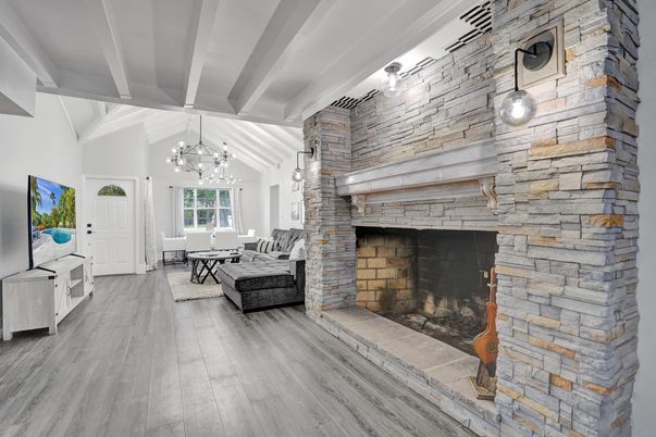 Fireplace, Interior, Living room, Pendant Lights, Stone Walls, Wood Texture Flooring