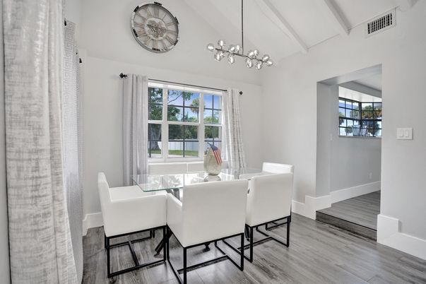 Dining room, Interior, Pendant Lights, Wood Texture Flooring
