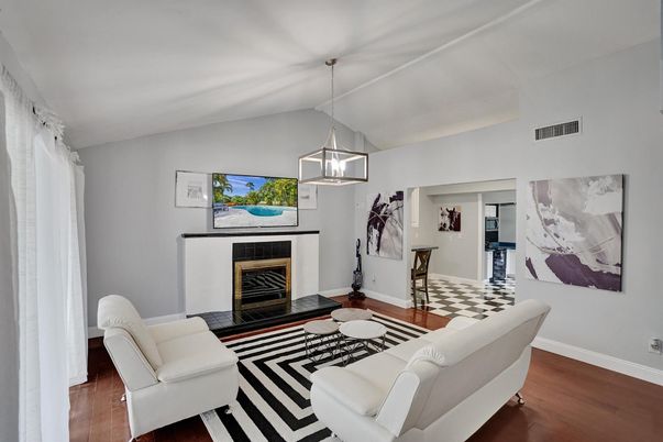 Fireplace, Interior, Living room, Pendant Lights, Wood Texture Flooring