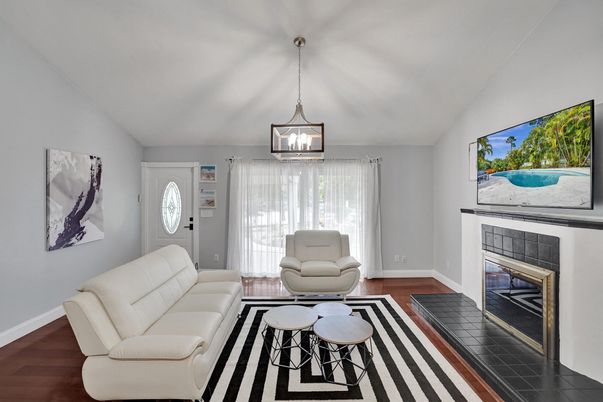 Fireplace, Interior, Living room, Pendant Lights, Wood Texture Flooring