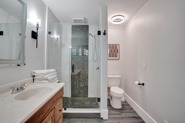 Bathroom, Glass Shower, Interior, Wood Texture Flooring