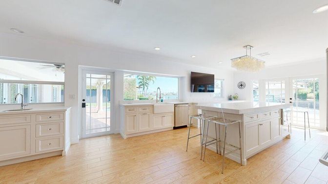 Chandelier, Interior, Kitchen, Recessed Lighting, Stainless Steel Appliances, Wood Texture Flooring