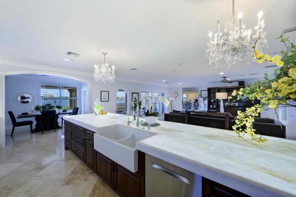 Chandelier, Dining room, Interior, Kitchen, Living room, Recessed Lighting, Stainless Steel Appliances
