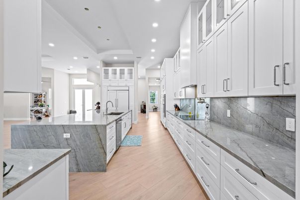 Interior, Kitchen, Marble Walls, Recessed Lighting, Wood Texture Flooring