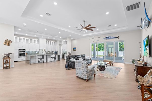 Interior, Kitchen, Living room, Recessed Lighting, Stainless Steel Appliances, Wood Texture Flooring