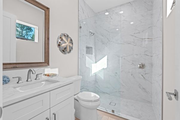 Bathroom, Glass Shower, Interior, Marble Walls, Recessed Lighting