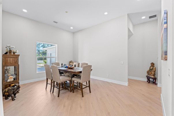 Dining room, Interior, Recessed Lighting, Wood Texture Flooring