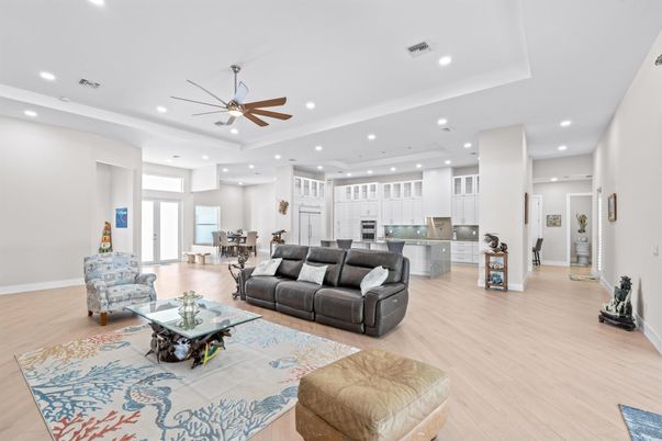 Dining room, Interior, Kitchen, Living room, Recessed Lighting, Wood Texture Flooring