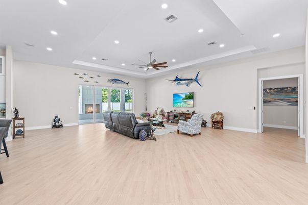 Fireplace, Interior, Living room, Recessed Lighting, Wood Texture Flooring