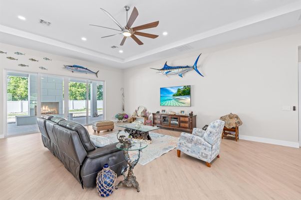 Fireplace, Interior, Living room, Recessed Lighting, Wood Texture Flooring