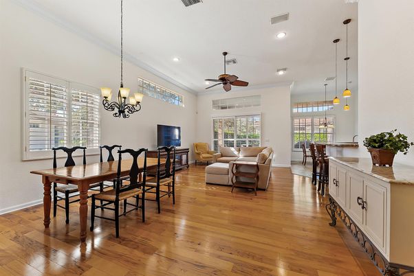 Chandelier, Dining room, Interior, Living room, Pendant Lights, Recessed Lighting, Wood Texture Flooring