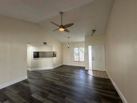 Empty room, Interior, Pendant Lights, Wood Texture Flooring