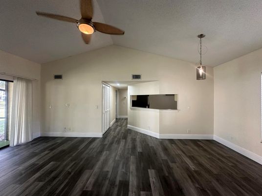 Empty room, Interior, Pendant Lights, Wood Texture Flooring