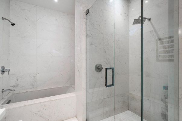 Bathroom, Glass Shower, Interior, Marble Walls, Recessed Lighting