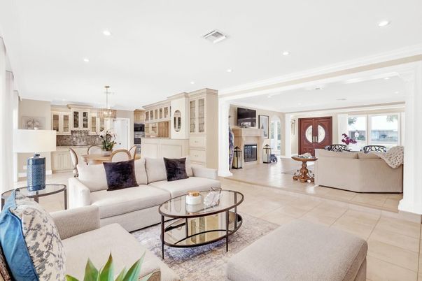 Fireplace, Interior, Kitchen, Living room, Pendant Lights, Recessed Lighting