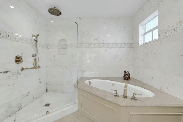 Bathroom, Glass Shower, Interior, Marble Walls, Recessed Lighting