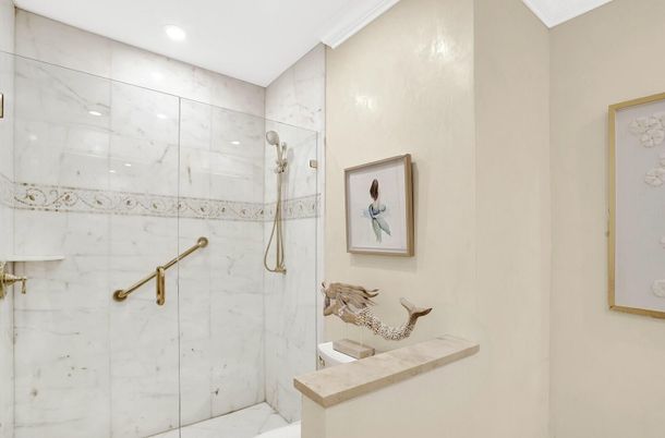 Bathroom, Glass Shower, Interior, Marble Walls, Recessed Lighting