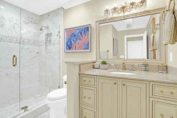 Bathroom, Glass Shower, Interior, Marble Walls, Recessed Lighting