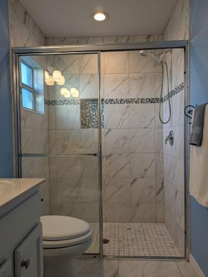 Bathroom, Glass Shower, Interior, Marble Walls, Recessed Lighting