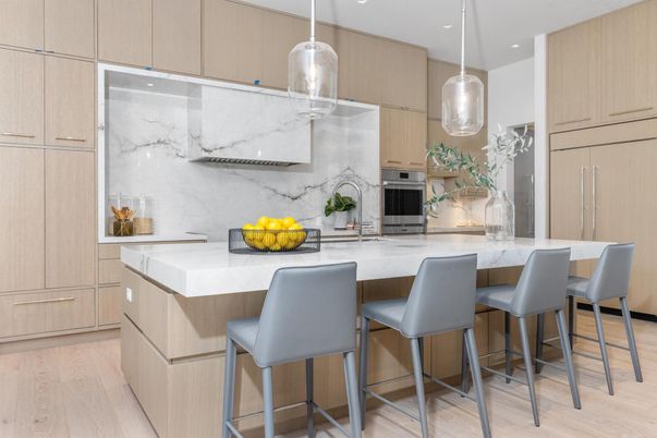 Interior, Kitchen, Marble Walls, Pendant Lights, Recessed Lighting, Stainless Steel Appliances, Wood Texture Flooring