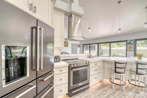Interior, Kitchen, Pendant Lights, Stainless Steel Appliances, Wood Texture Flooring