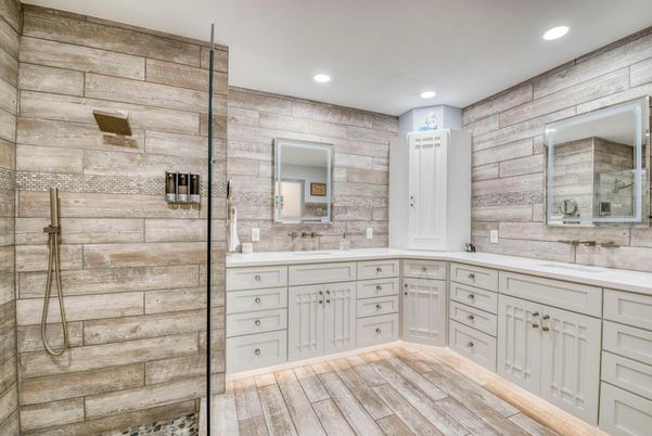 Bathroom, Dual Sink Vanities, Interior, Recessed Lighting, Wood Texture Flooring
